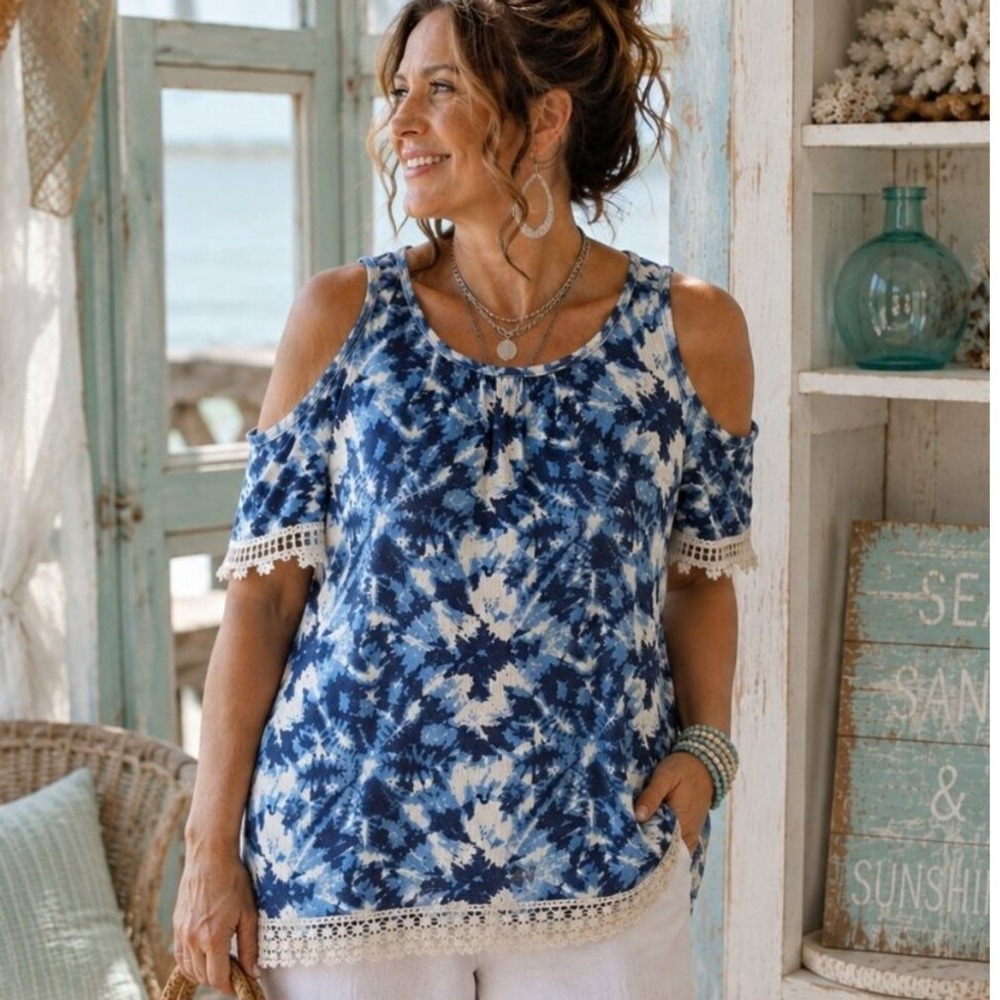 French Laundry Blue White Cold Shoulder Lace Trim Top Small Floral Boho